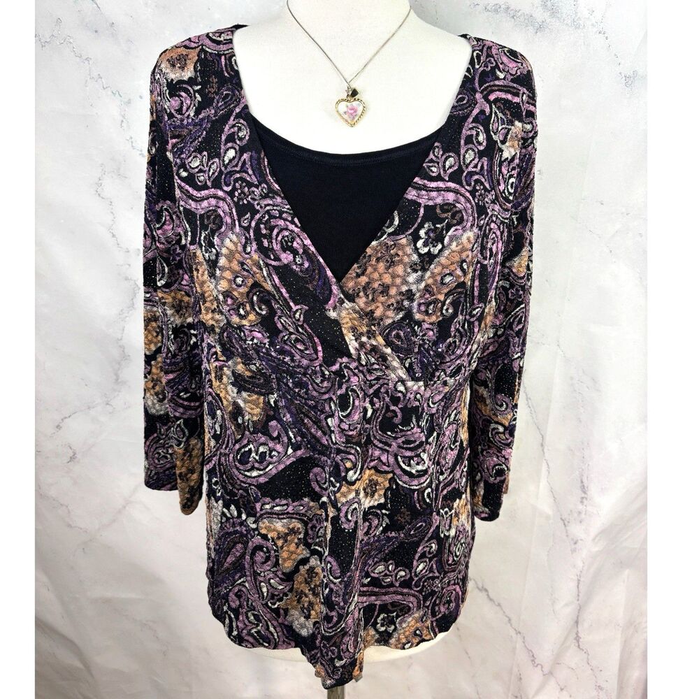 Vintage Y2k Babydoll Blouse Top Glitter Paisley L Whimsigoth Notations 90s Fairy